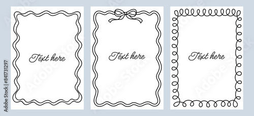 Set black frames template with space for text. Hand drawn wavy frames isolated on background. Vertical border frame card photo