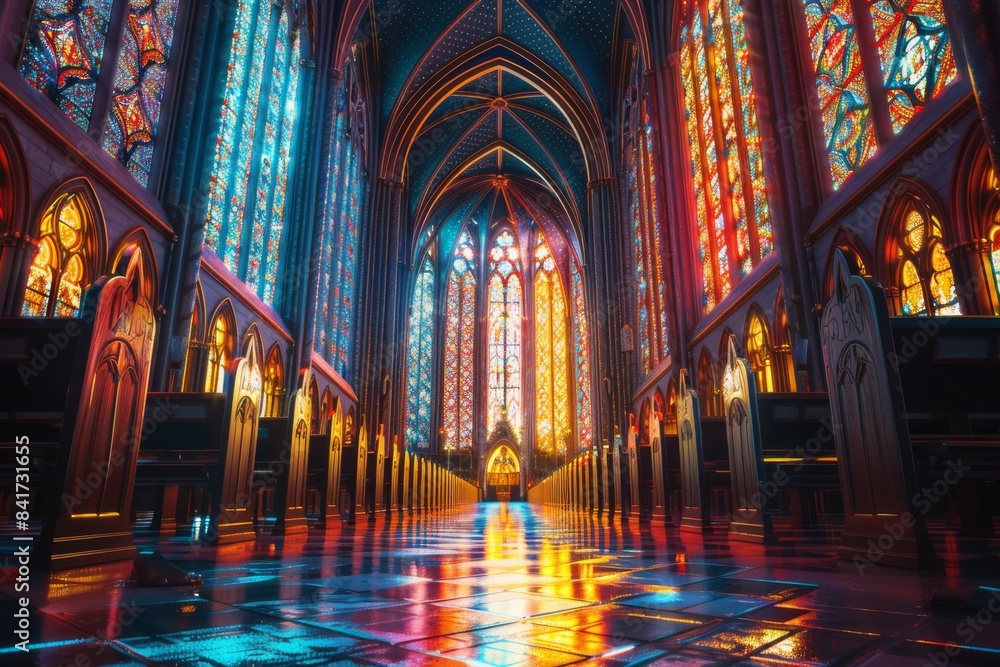 Experience the breathtaking beauty of a majestic cathedral, where intricate stained glass windows create a mesmerizing kaleidoscope of colors that dance upon the pews below. Experience the breathtaking beauty of a majestic cathedral, where intricate stained glass windows create a mesmerizing kaleidoscope of colors that dance upon the pews below.