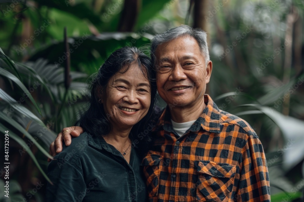 Portrait of a joyful asian couple in their 40s dressed in a relaxed flannel shirt isolated on lush tropical rainforest