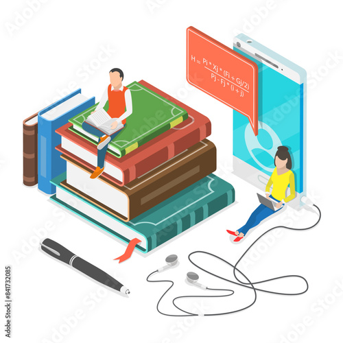 3D Isometric Flat Illustration of Hybrid or Blended Learning, Digital Classroom, Online Education. Item 3