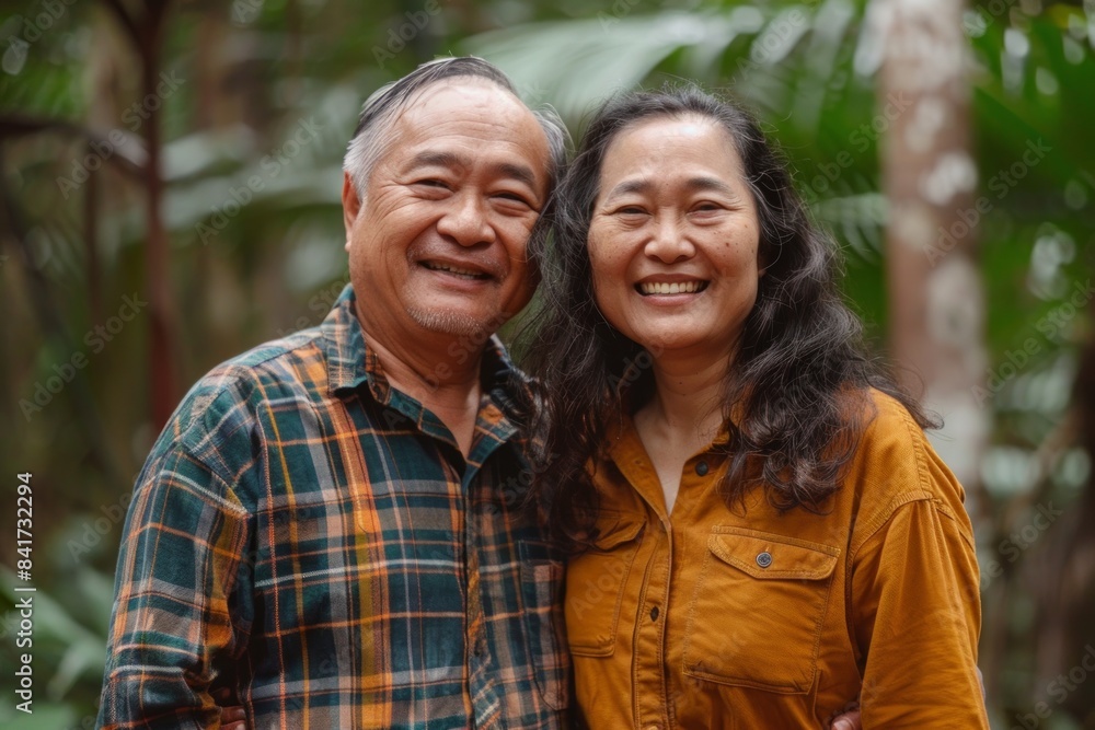 Portrait of a joyful asian couple in their 40s dressed in a relaxed flannel shirt in lush tropical rainforest Portrait of a joyful asian couple in their 40s dressed in a relaxed flannel shirt in lush tropical rainforest