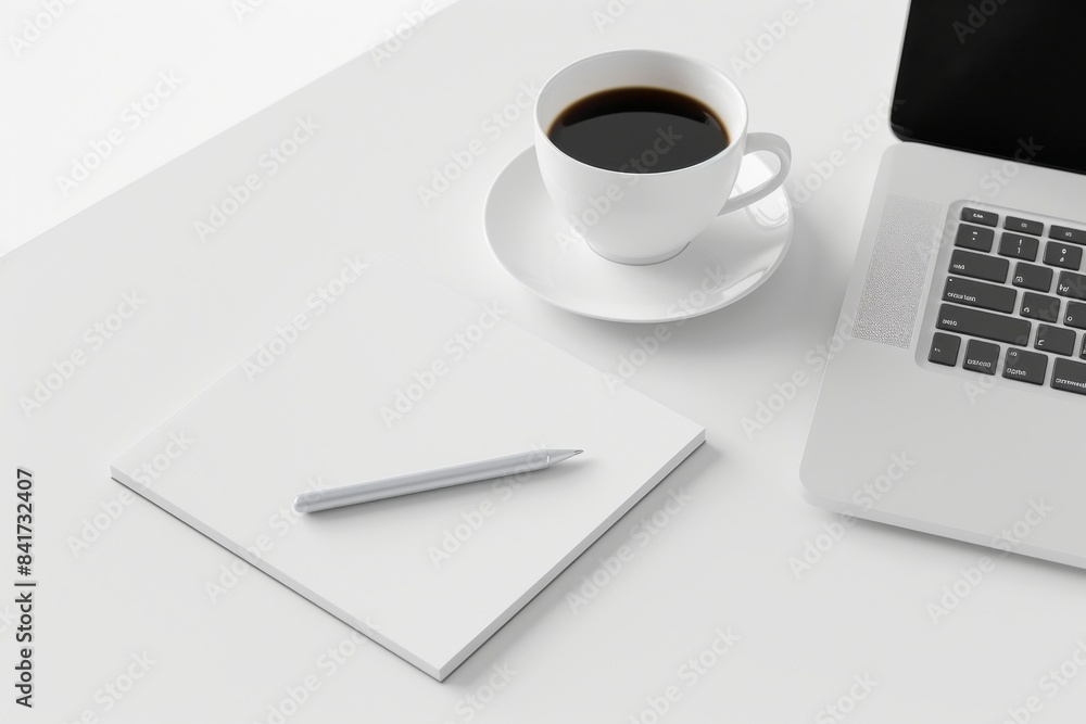 A sleek and simple desk arrangement featuring a laptop, a notepad, and a steaming cup of coffee, creating a serene and productive workspace. A sleek and simple desk arrangement featuring a laptop, a notepad, and a steaming cup of coffee, creating a serene and productive workspace.