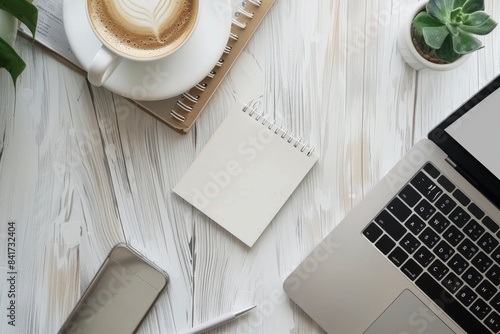 A sleek and clutter-free desk featuring a laptop, a notepad for jotting down ideas, and a steaming cup of coffee to fuel productivity. photo