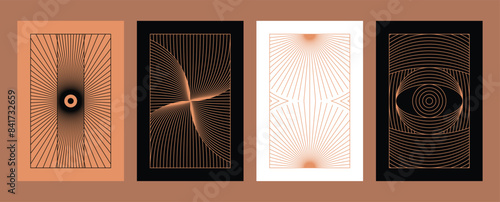 Vector minimal geometric illustrations set - trendy abstract aesthetic linear compositions, prints, frames and graphic design elements..