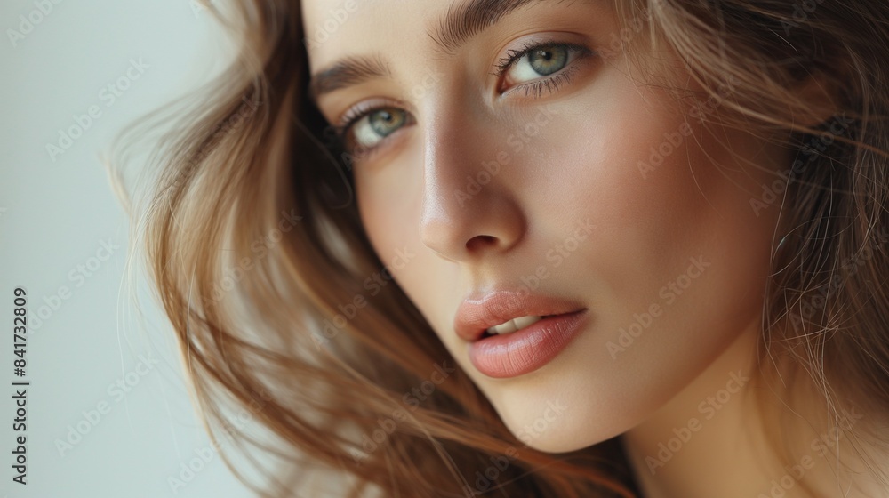 Close-up portrait of a woman with flowing hair and natural beauty, highlighted by soft, natural light, showcasing her clear skin and serene expression. Close-up portrait of a woman with flowing hair and natural beauty, highlighted by soft, natural light, showcasing her clear skin and serene expression.