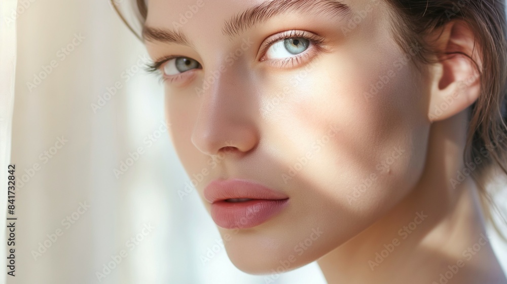 Naklejka premium Close-up of a woman with natural beauty, blue eyes, and clear skin, softly illuminated by sunlight through curtains.