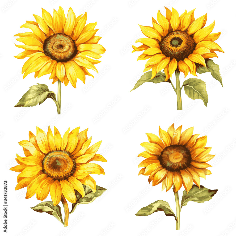 A digital painting of four yellow sunflowers with green leaves on a white background A digital painting of four yellow sunflowers with green leaves on a white background