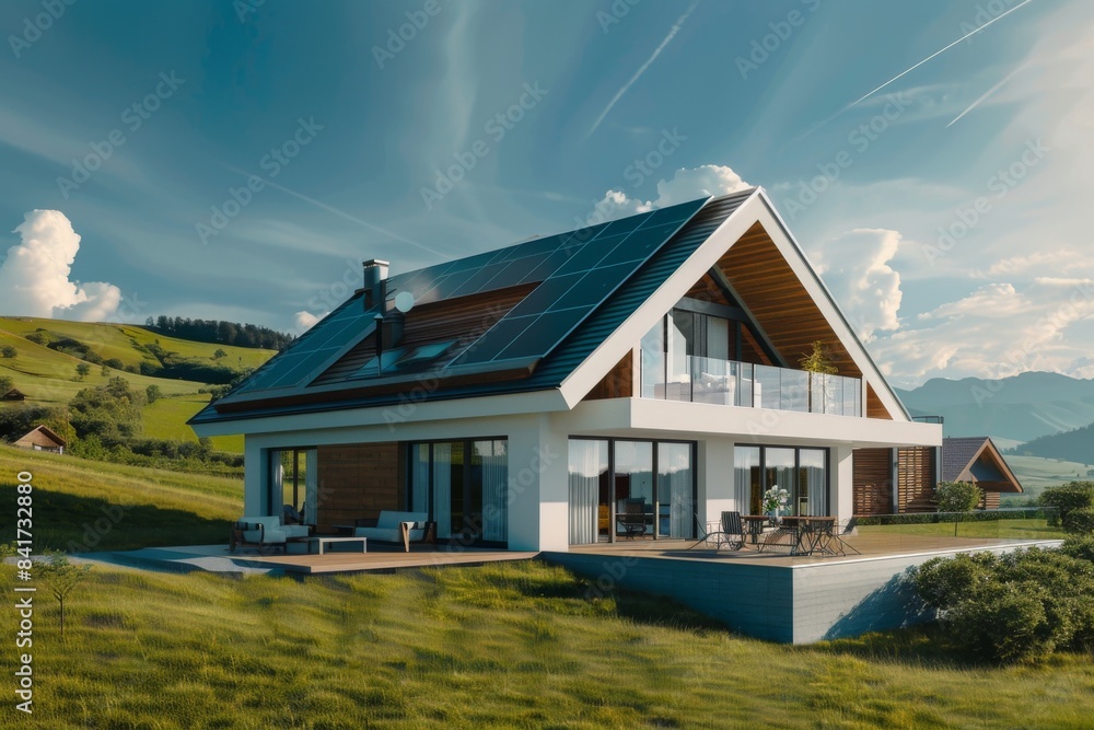 Experience sustainable living in this modern eco-friendly house with solar panels, utilizing the sun's energy to create clean and renewable power. Experience sustainable living in this modern eco-friendly house with solar panels, utilizing the sun's energy to create clean and renewable power.