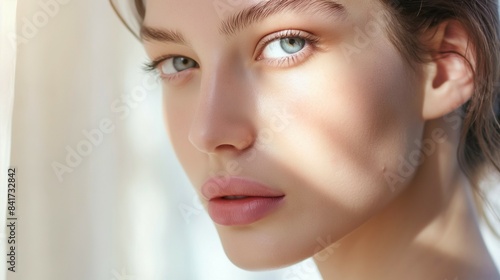 Close-up of a woman with natural beauty, blue eyes, and clear skin, softly illuminated by sunlight through curtains.