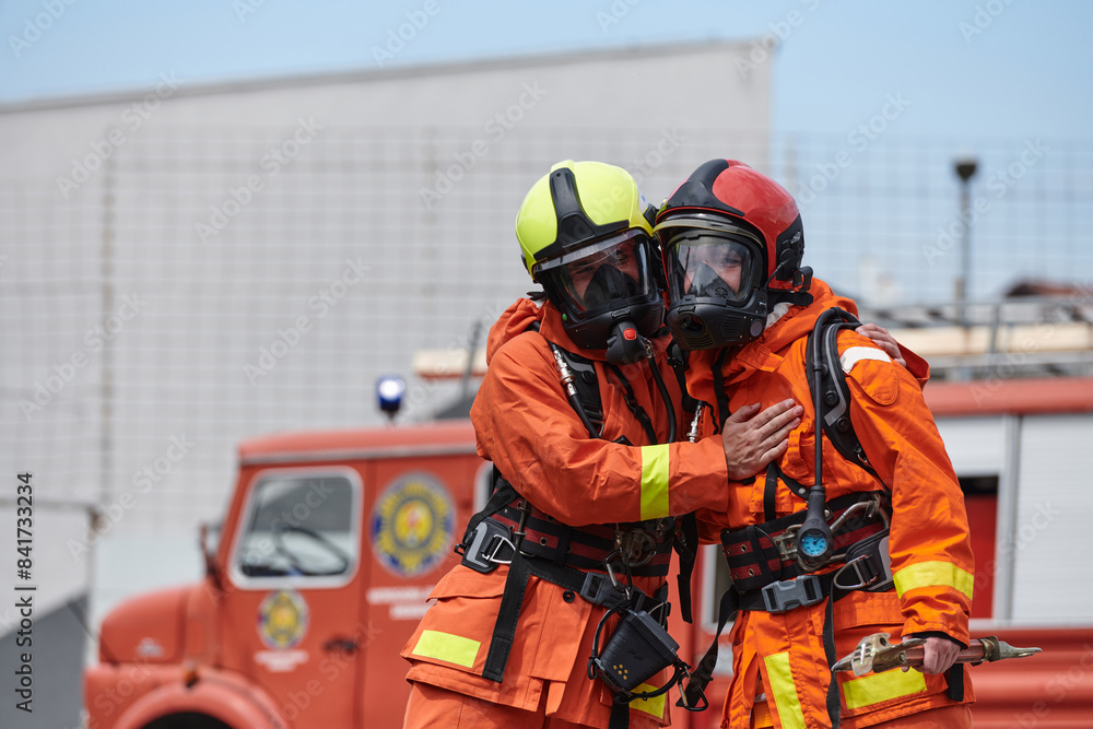Firefighter Team Training with Various Tools in Professional Gear