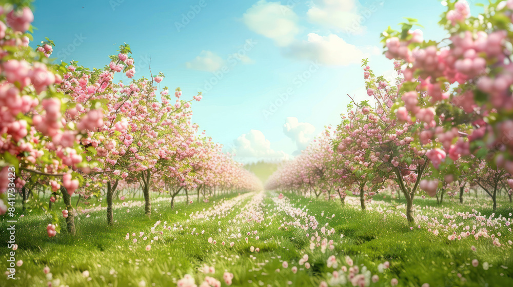 Blooming orchard with rows of fruit trees under a clear, sunny sky Blooming orchard with rows of fruit trees under a clear, sunny sky