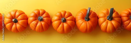 Wallpaper Mural Orangefarbene Kürbisse in einer Reihe angeordnet auf einem gelben Hintergrund in der Draufsicht, Konzept herbstliche und saisonale Dekorationen Torontodigital.ca