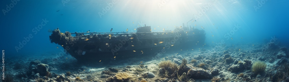 Fototapeta premium Wreckage of a submerged ship underwater 
