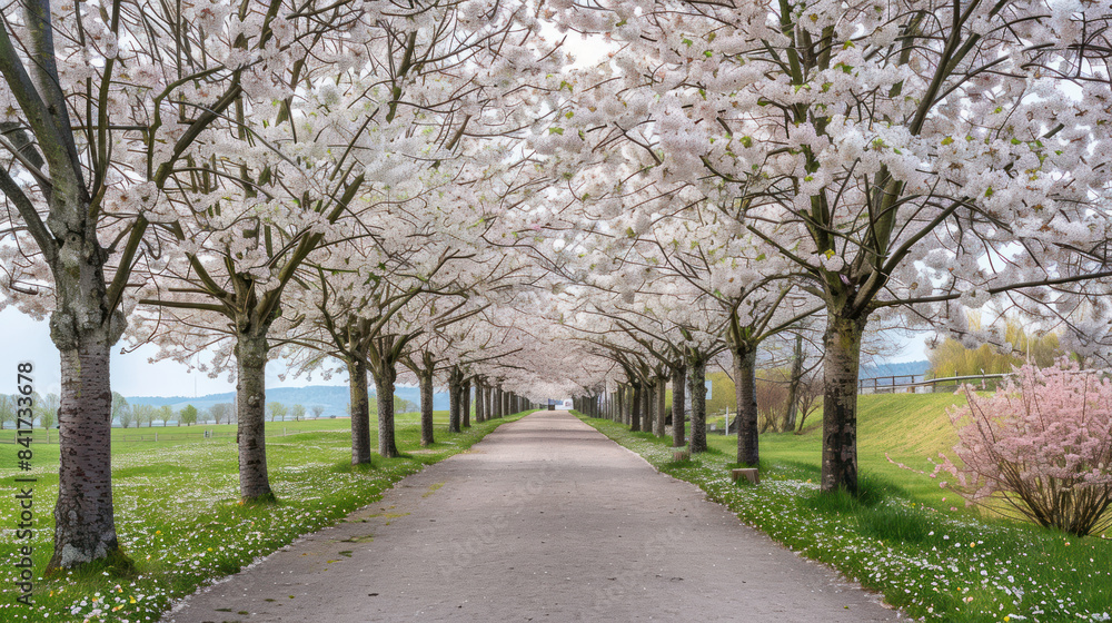 Blossoming cherry trees lining a peaceful pathway in spring Blossoming cherry trees lining a peaceful pathway in spring