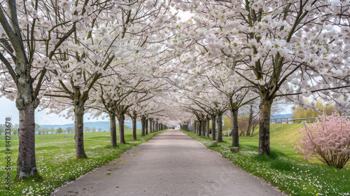 Blossoming cherry trees lining a peaceful pathway in spring