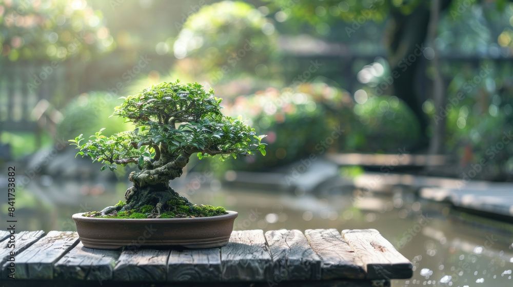 Bonsai tree on a wooden table in a tranquil garden Bonsai tree on a wooden table in a tranquil garden