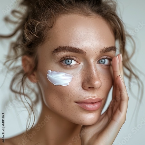 Close-up of a woman applying skincare cream to her face, highlighting her clear skin, blue eyes, and natural beauty in a softly lit environment.