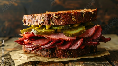 Close-up of a delicious pastrami sandwich with pickles on seeded whole grain bread, highlighting the texture and layers of ingredients.