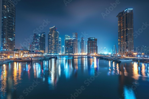 Experience the breathtaking beauty of a city s waterfront at night  where the shimmering lights of boats and waterfront buildings create a mesmerizing reflection on the calm waters.