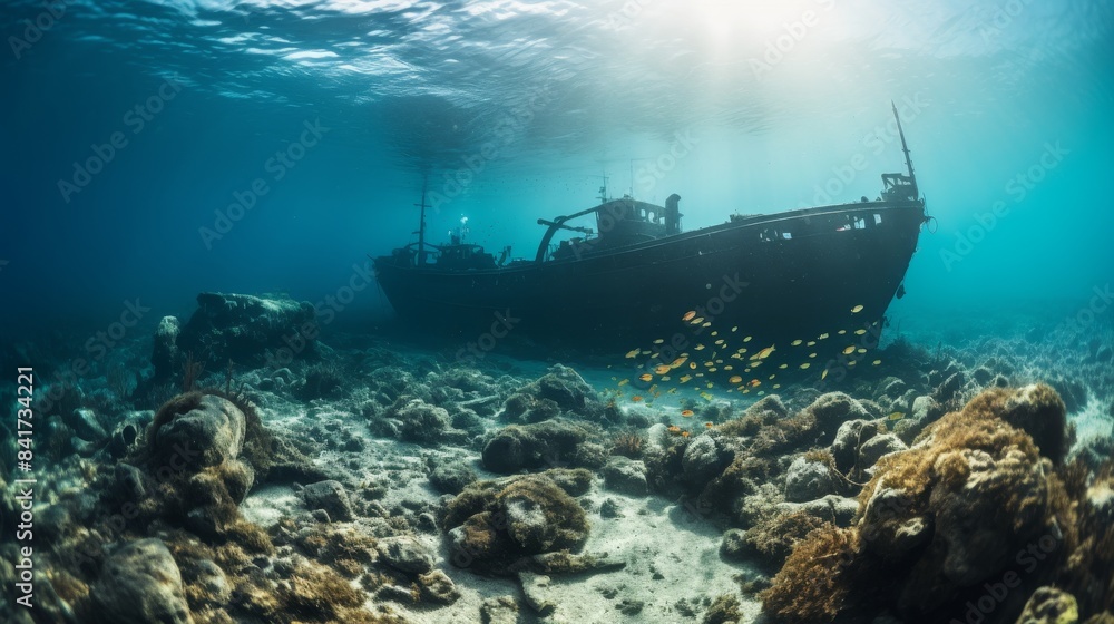Wreckage of a submerged ship underwater Wreckage of a submerged ship underwater
