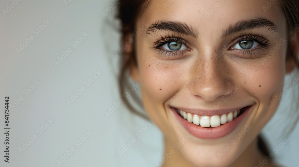 Close-up portrait of a smiling woman with freckles and blue eyes, radiating natural beauty and happiness.