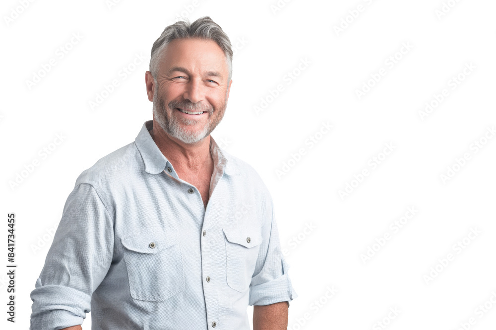 Smiling Middle-Aged Caucasian Man in a Light Blue Shirt Smiling Middle-Aged Caucasian Man in a Light Blue Shirt