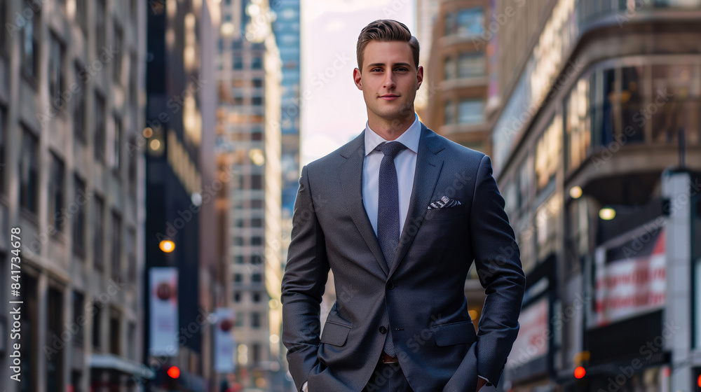Business professional in a sleek suit with a city backdrop Business professional in a sleek suit with a city backdrop