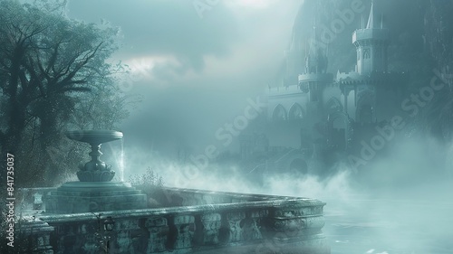 Foggy stone bridge leading to an ancient castle in mystical landscape