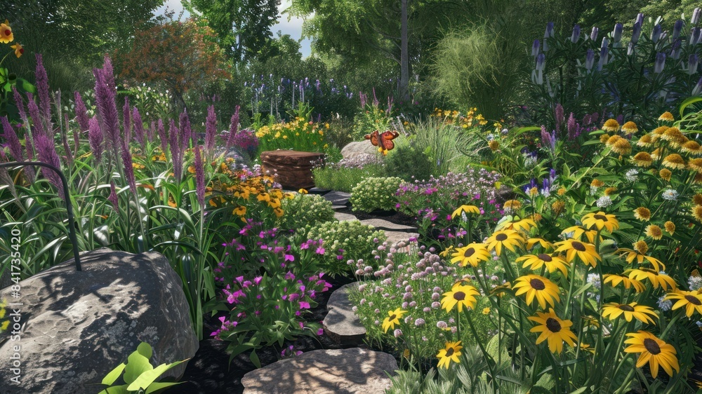 Butterfly garden with a variety of flowering plants Butterfly garden with a variety of flowering plants