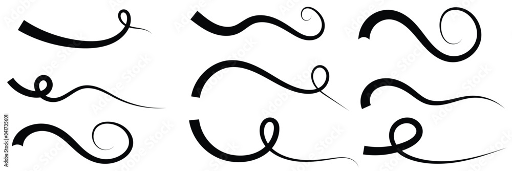 Swoosh and swash, swish vector line icon, black underline set, hand drawn swirl and curly text elements. Doodle retro collection isolated on white background. Swoosh and swash, swish vector line icon, black underline set, hand drawn swirl and curly text elements. Doodle retro collection isolated on white background.