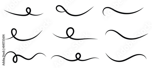 Swoosh and swash, swish vector line icon, black underline set, hand drawn swirl and curly text elements. Doodle retro collection isolated on white background.