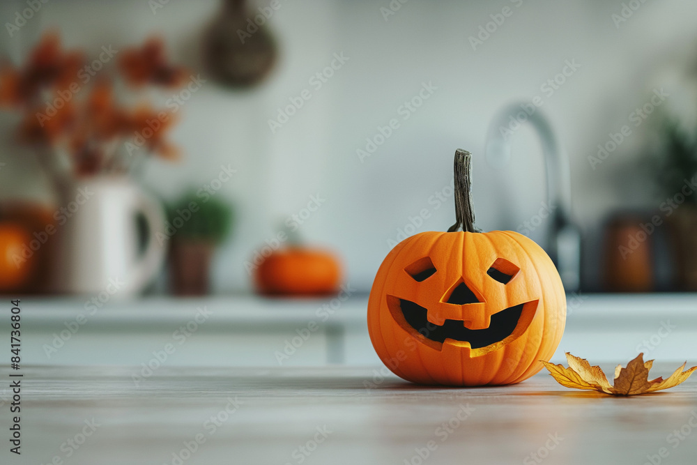 Jack's pumpkin on a white kitchen table. Autumn decoration for Halloween Jack's pumpkin on a white kitchen table. Autumn decoration for Halloween