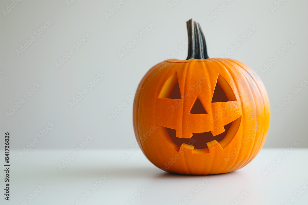Halloween Jack o Lantern Pumpkin with spooky face on white background copy space Halloween Jack o Lantern Pumpkin with spooky face on white background copy space