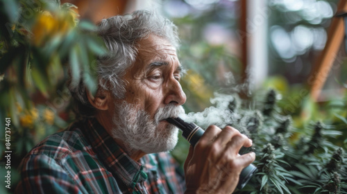 An older man uses a vape device while surrounded by lush greenery in a cozy greenhouse. © khonkangrua