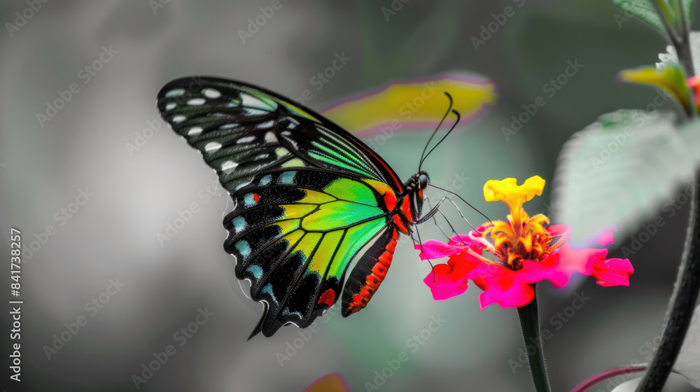 Fototapeta premium Butterfly with vibrant colors against a monochrome background
