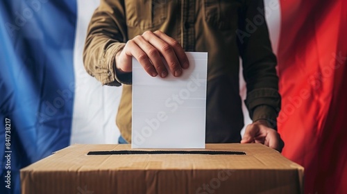 person holding a white voting paper with the flag of France in the background