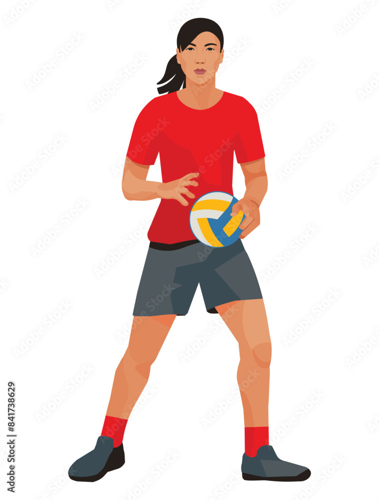 Vietnamese women's volleyball girl player in a red T-shirt shirt standing with the ball in her hands during a game Vietnamese women's volleyball girl player in a red T-shirt shirt standing with the ball in her hands during a game