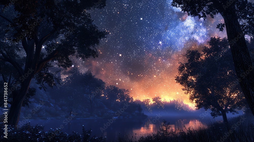 Serene forest at night with a sky full of stars and glowing clouds
