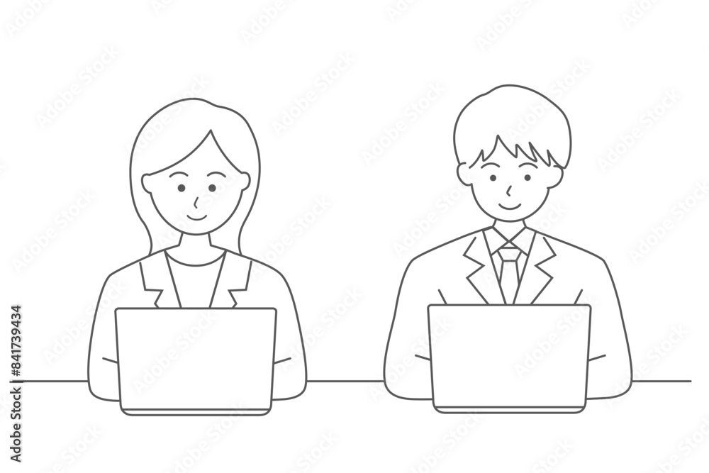 会社のオフィスでノートパソコンで仕事をする若い女性と男性ビジネスマンの線画イラスト素材
