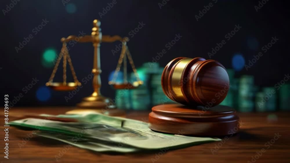 A wooden judge's gavel is sitting on a table next to a brass scale of justice. There is money in the background and a spotlight shining in the foreground.