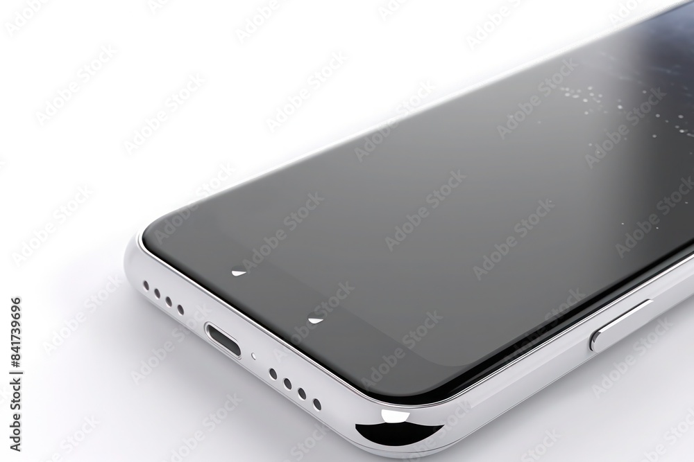 Close-up of a white smartphone with a black screen on a white background Flat lay with copy space for design Close-up of a white smartphone with a black screen on a white background Flat lay with copy space for design