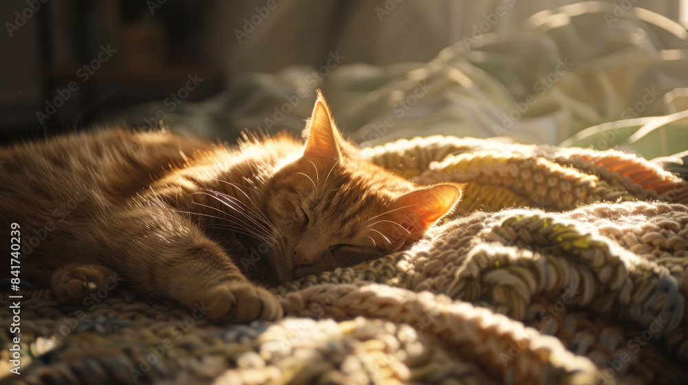 Cat napping in a sunbeam on a cozy blanket Cat napping in a sunbeam on a cozy blanket