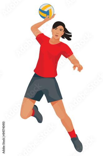 Asian women's volleyball girl player in a red sports uniform who jumps and throws the ball with one hand