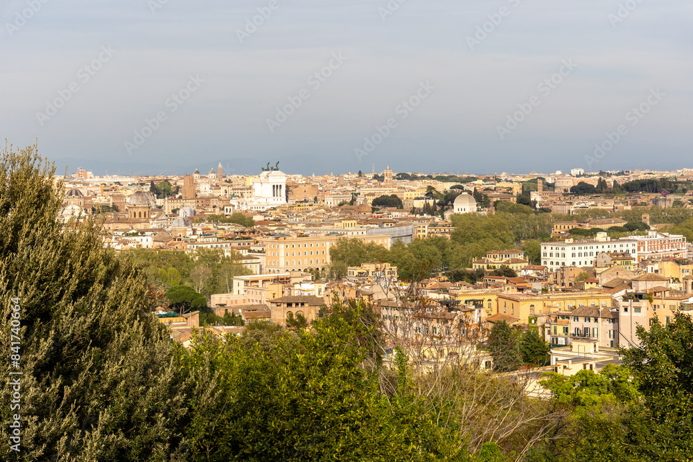 Rome, Italy - April 11, 2024: Rome, Italy - April 11, 2024: Aerial view of the city of Rome from one of the viewpoints on the hills in Rome, Italy Rome, Italy - April 11, 2024: Rome, Italy - April 11, 2024: Aerial view of the city of Rome from one of the viewpoints on the hills in Rome, Italy