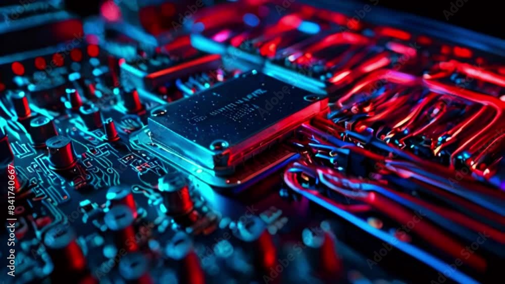 Video of a computer motherboard with a blue and red light shining on it.