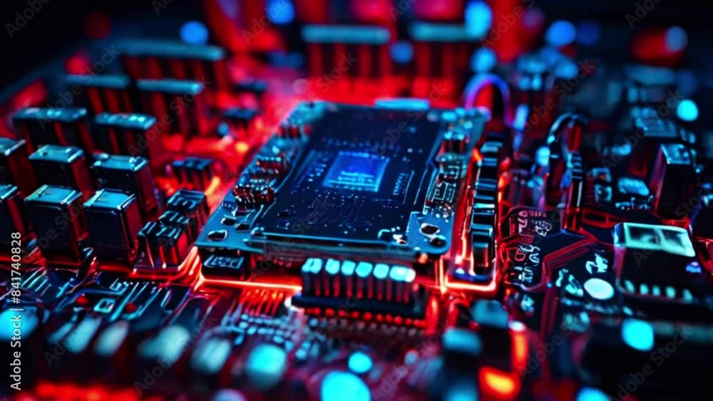 Video shows a computer circuit board with a glowing blue and red light. Video shows a computer circuit board with a glowing blue and red light.