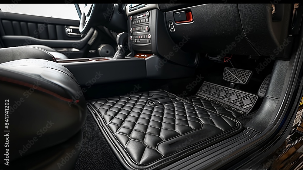 Obraz premium Black Leather Quilted Car Floor Mats Installed in a Modern Vehicle