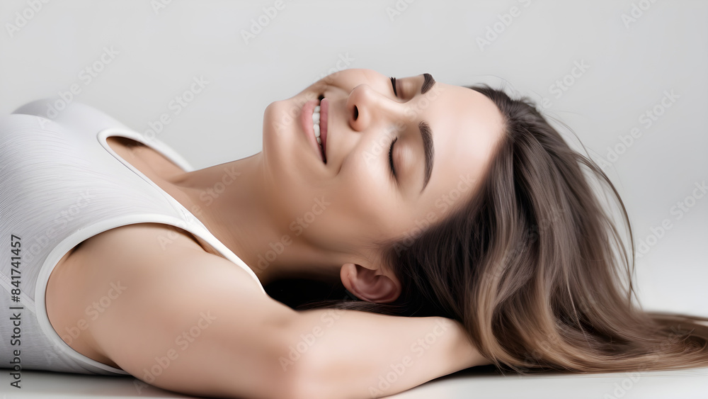 A woman wearing yoga clothes lies comfortably with her eyes closed. She has a smile on her face. A woman wearing yoga clothes lies comfortably with her eyes closed. She has a smile on her face.