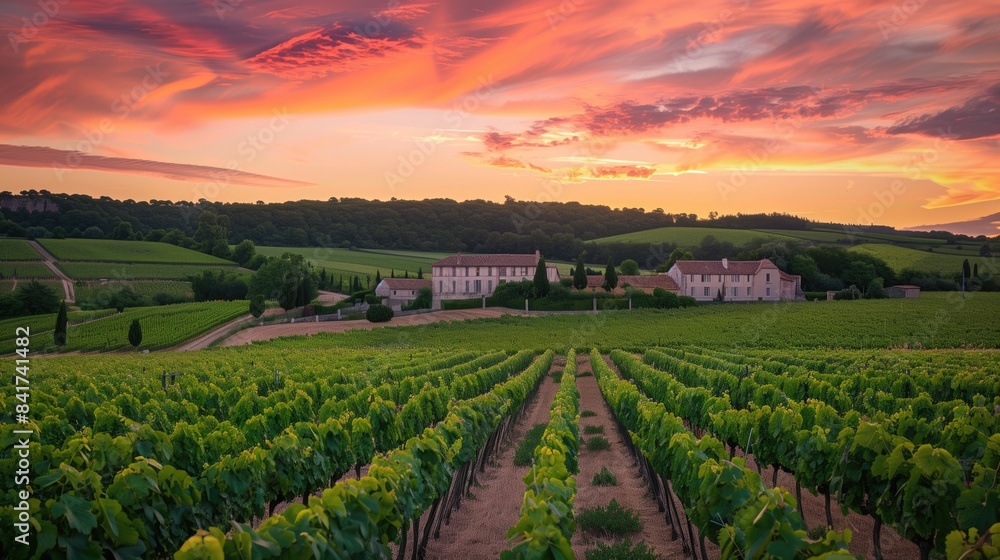 Green summer vinery fields under beautiful setting sunset sky and clouds with some classic french houses at distance Green summer vinery fields under beautiful setting sunset sky and clouds with some classic french houses at distance