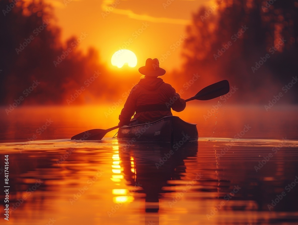 Tranquil 4K Summer Sunset Reflection on Lake with Double Exposure Canoeist Silhouette - Serene Warm Hues Close Up